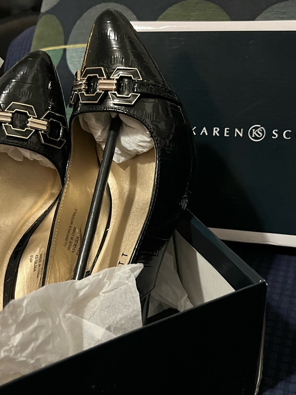 Karen Scott Black Patent Pointed Toe Flats with Gold Accent
